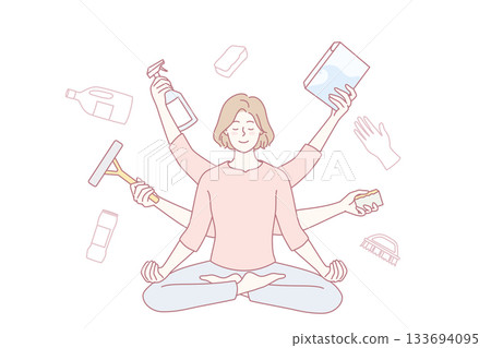 Calm housewife meditating 133694095