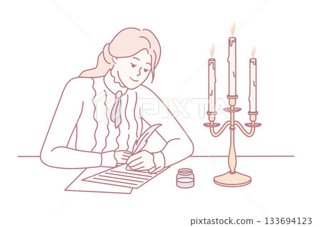 Quiet night setting for creative calligraphy using antiquated stationery and glowing candelabra 133694123