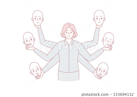 Businesswoman holding different masks in hands Businesswoman holding different masks in hands 133694132