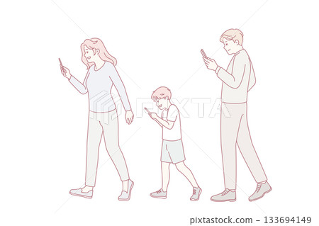 Family with kid addicted to smartphones 133694149