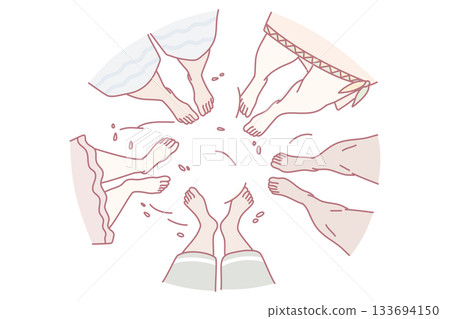 circle of underwear and bare legs, pastel illustration showing women friends exchanging panties during cozy laundry ritual, soft fabrics and varied skin tones, intimate supportive atmosphere circle of underwear and bare legs, pastel illustration showing women friends exchanging panties during cozy laundry ritual, soft fabrics and varied skin tones, intimate supportive atmosphere 133694150