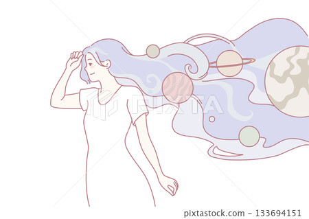 Woman with universe draw on hair 133694151