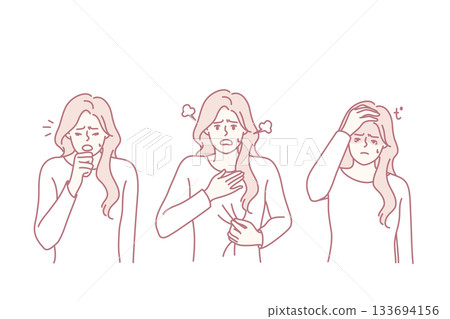 woman displaying sneeze cough and eye rub across three panels, sequence shows symptom progression from sneeze to coughing to eye irritation, seasonal allergy or cold scenario, soft 133694156