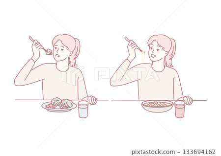 Girl eating healthy and unhealthy food Girl eating healthy and unhealthy food 133694162