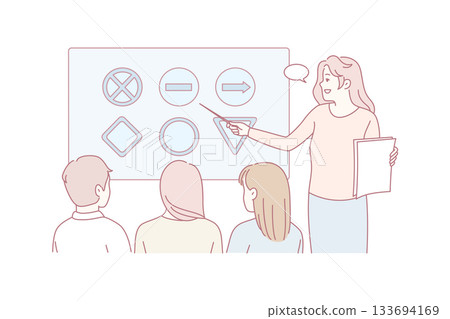 female educator explains geometry concepts, teacher engaging students with shape lessons in class female educator explains geometry concepts, teacher engaging students with shape lessons in class 133694169