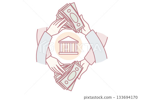 People transferring banknotes through bank 133694170