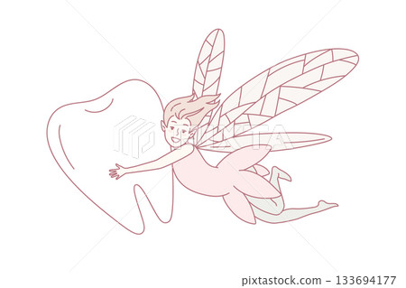 Smiling fairy flying with tooth Smiling fairy flying with tooth 133694177