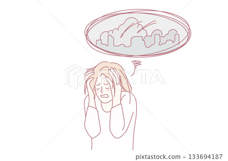 Unhappy woman stressed about rocket attacks on city Unhappy woman stressed about rocket attacks on city 133694187
