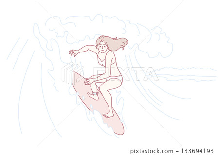 Happy woman surfing on waves in ocean Happy woman surfing on waves in ocean 133694193