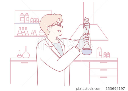 Knowledgeable woman researcher carefully operating laboratory glassware during experiments in sterile Knowledgeable woman researcher carefully operating laboratory glassware during experiments in sterile 133694197