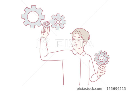 Man with gears look for answer 133694213