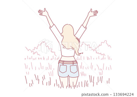 woman standing with arms raised backview in open meadow, wearing denim shorts and loose hair, gentle breeze sculpting tall grass, simple pastel line illustration with distant skyline, mood 133694224