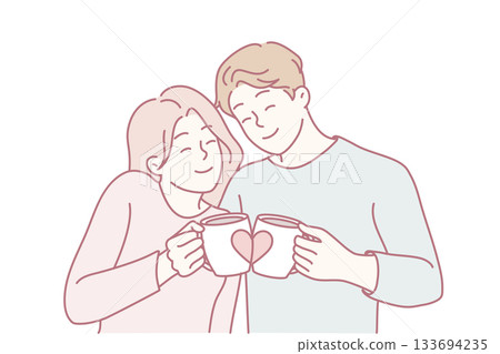 coupled pair engaging in cozy breakfast ritual amidst soft pastel hues and gentle affection coupled pair engaging in cozy breakfast ritual amidst soft pastel hues and gentle affection 133694235