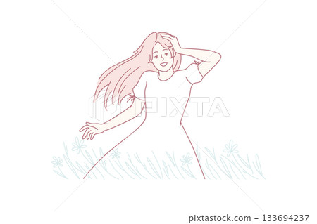 joyful summer scene, elegant woman in flowing attire casting shade from sun in expansive grassy field 133694237