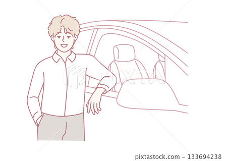 Smiling man posing near new car 133694238