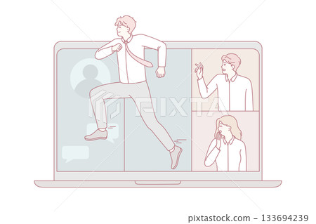 Man running away from remote meeting Man running away from remote meeting 133694239