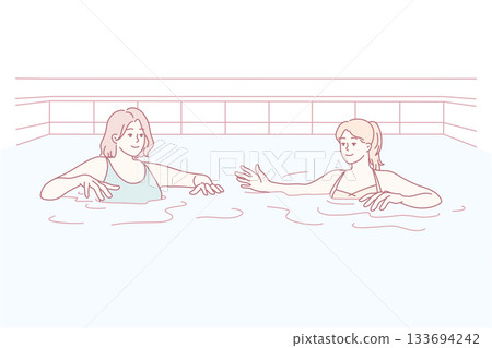casual poolside scene illustrating comfortable teaching moment between friends with soft colors 133694242