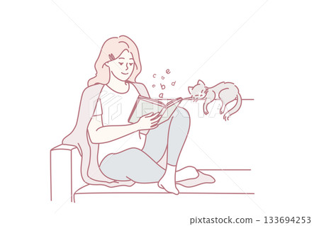 chilled individual enjoys device with pet, comfortable scene of person and cat interacting peacefully chilled individual enjoys device with pet, comfortable scene of person and cat interacting peacefully 133694253
