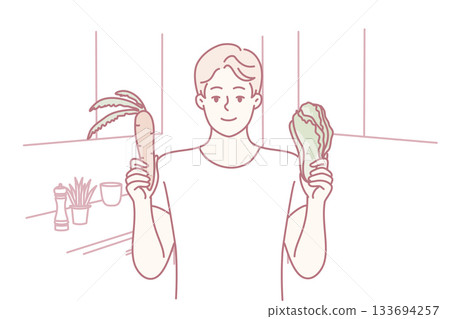 healthconscious food choices, individual analyzing fruit and vegetable options for health benefits 133694257