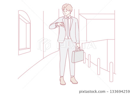 City man with briefcase reports, City worker quickly moves near building entrance during morning hours 133694259