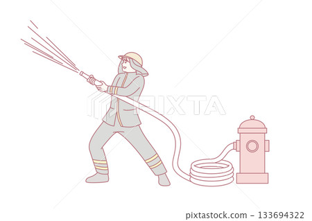 emergency crew deploying fire equipment, firefighter actively retrieving hose for immediate rescue 133694322