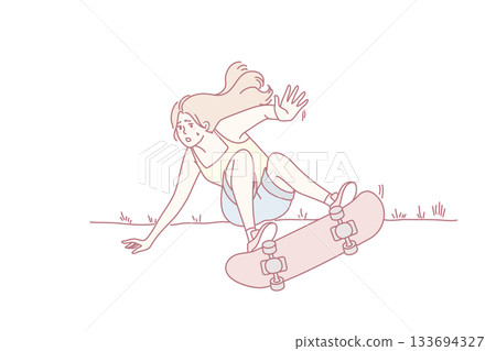 Woman ride on skate fall on street Woman ride on skate fall on street 133694327