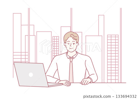 young caucasian businessman at laptop desk reviewing documents in downtown office skyline background, calm minimalist line-art illustration, tidy workspace with laptop coffee cup 133694332