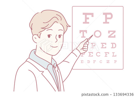 Optometrist guides vision assessment, Visual health professional instructs patient using eye testing chart 133694336