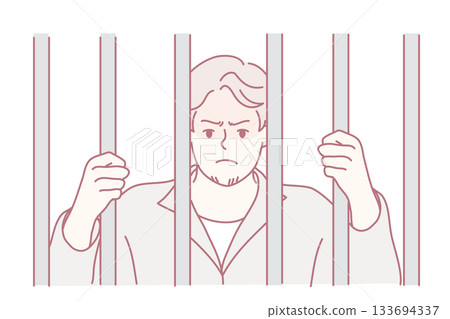 man behind prison bars looking distraught, sketch illustration of suited professional gripping vertical bars, furrowed brow, downcast gaze, tense hands, muted pastel palette, minimal line 133694337