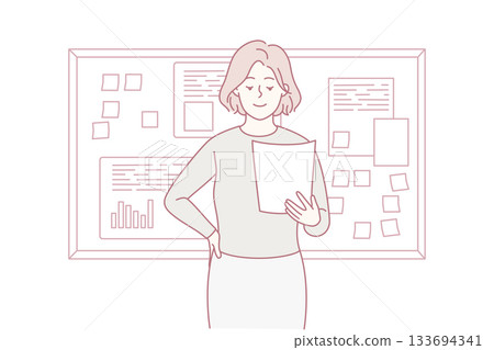 Manager conducts detailed briefing with visual aids and team alignment strategies in conference room 133694341