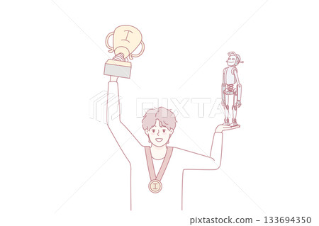 Happy boy holding robot and award 133694350