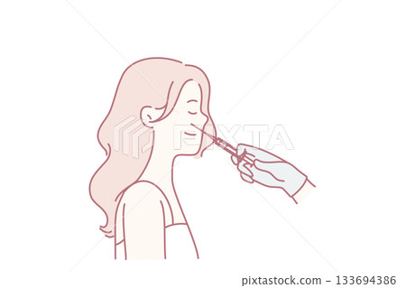 young woman receiving nasal swab test, gloved hand performing gentle rotation, cooperative expression with slight anxiety, minimal line art, clinical setting, sample collection, hygiene young woman receiving nasal swab test, gloved hand performing gentle rotation, cooperative expression with slight anxiety, minimal line art, clinical setting, sample collection, hygiene 133694386