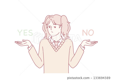 woman balancing yes and no options with shrugging palms, undecided expression, school uniform detail, subtle pastel palette, decision moment for voter or student facing dilemma 133694389