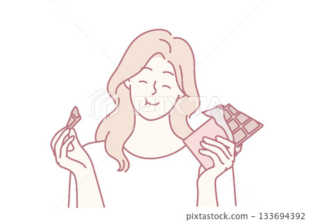 relaxed lady relishes chocolate during break time, cheerful woman enjoys rich chocolate bar in leisure moment 133694392