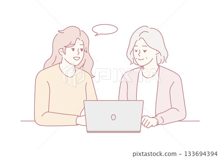 Smiling woman help mature mother with laptop 133694394