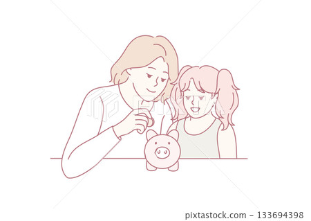 Parent and child teaching saving techniques at home, Warm scene of mother guiding daughter on financial habits 133694398
