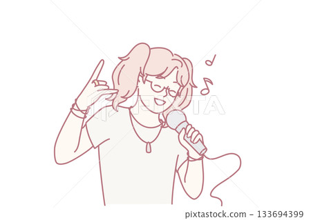 young person singing into microphone, sketch-style line art of aspiring pop singer practicing karaoke in cozy bedroom, ponytail and glasses, enthusiastic rock hand gesture, smiling 133694399