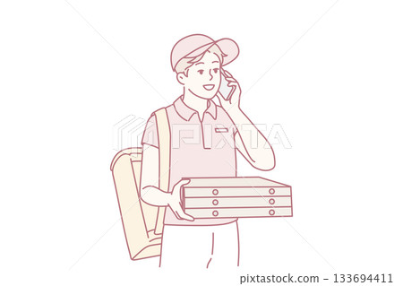 Deliveryman with pizza boxes calling client 133694411