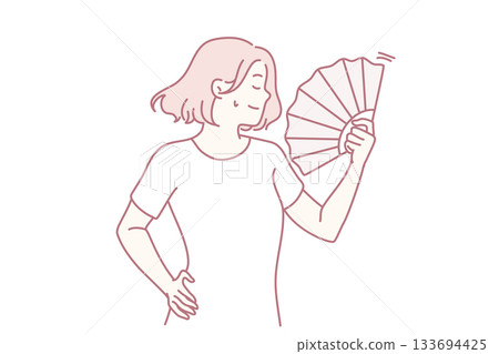 elegant figure with handheld fan, graceful stance embodying sophistication amidst warm summer ambiance 133694425