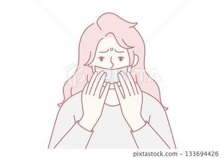 Woman shows concern for health, Concerned woman using tissue indicates health and hygiene worries Woman shows concern for health, Concerned woman using tissue indicates health and hygiene worries 133694426