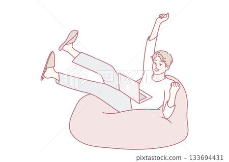 child falls happily, person drops onto cushion effortlessly, individual tumbles onto soft chair with joy 133694431