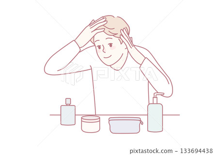 Young man look in mirror do beauty procedures 133694438