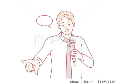 professional speaker confidently gesturing with microphone on stage engaging listeners effectively professional speaker confidently gesturing with microphone on stage engaging listeners effectively 133694439