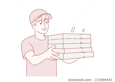 Smiling deliveryman with pizza boxes 133694441