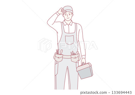skilled painter and decorator set for task, talented craftsman dressed to commence artistic work skilled painter and decorator set for task, talented craftsman dressed to commence artistic work 133694443