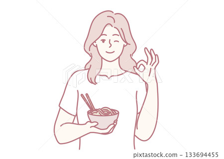 cheerful woman savors tasty dish, delighted lady appreciates nourishing meal in comfortable setting cheerful woman savors tasty dish, delighted lady appreciates nourishing meal in comfortable setting 133694455