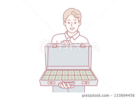Business professional presenting case brimming with banknotes in celebration of financial achievement 133694456