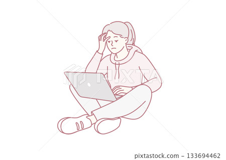 Student studying comfortably, Casual learner with tech gear, Relaxed student engaged in home learning activity 133694462