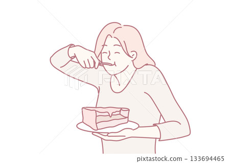 delightful dessert scene, charming lineart depicting woman relishing slice of cake in welcoming environment 133694465