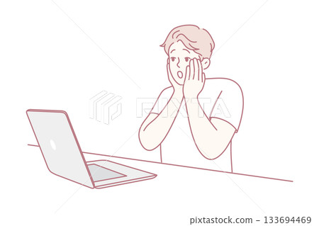 Surprise tech mishap, Someone shows alarm upon discovering urgent and unexpected problem on screen Surprise tech mishap, Someone shows alarm upon discovering urgent and unexpected problem on screen 133694469